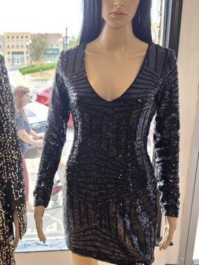Black Sequin Long-Sleeve V-Neck Mini Dress